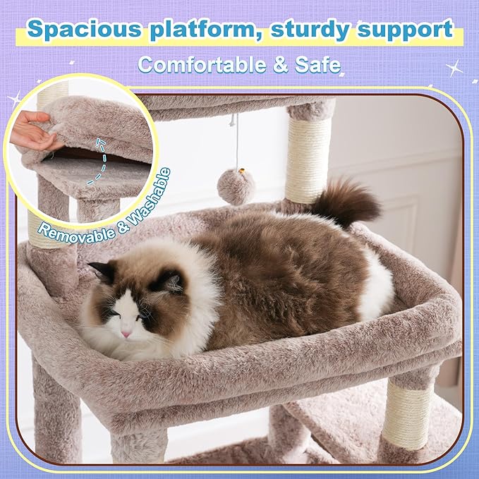 Hey-brother Cat Tree Tower, Scratching Posts with Extra Large Platform and Basket, Specious Condo, 2 Cozy Hammocks, Scratch Board for Indoor Adult Cats, Maine Coon 71.7 inches, Muchroom MPJ080MU