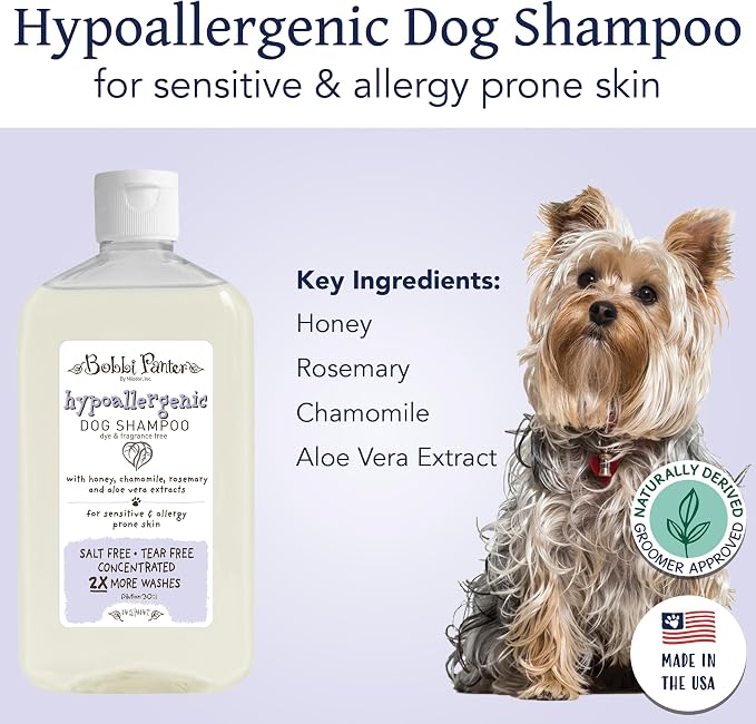 Bobbi Panter Hypoallergenic Dog Shampoo Honey, Aloe Vera, Chamomile & Rosemary – Dye & Fragrance Free Natural Formula for Sensitive & Allergy Skin, Tear-Free, 30:1 Concentrate, 14 oz (Case of 12)