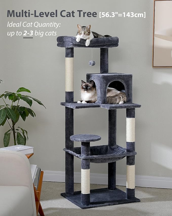 MUTTROS Cat Tree for Large Cats with Metal Plush Big Hammock, 56.3" Cat Tower for Indoor Cats with 2 Door Condo House, 6-Tier Cat Shelves with Scratching Posts and Large Top Perch, Dark Gray