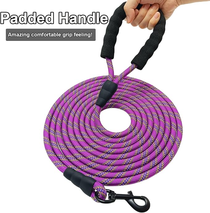 MayPaw Heavy Duty Rope Dog Leash, 6/8/10/15/20/30 FT Long Dog Lead Nylon Pet Leash, Soft Padded Handle Thick Lead Training Leashes for Large Medium Dogs (20ft * 1/2", Purple)
