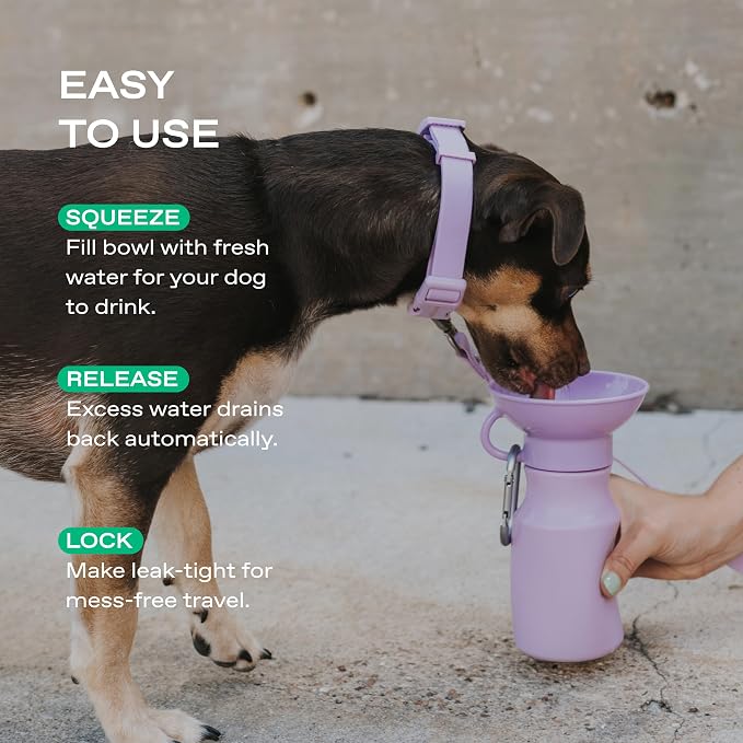 Springer by Springland 15oz Mini Dog Travel Water Bottle, Lilac, Portable Dispenser for Dogs & Puppies, Patented Leak-Proof Bowl, BPA-Free, One-Hand Squeeze, Carabiner Included | Shark Tank