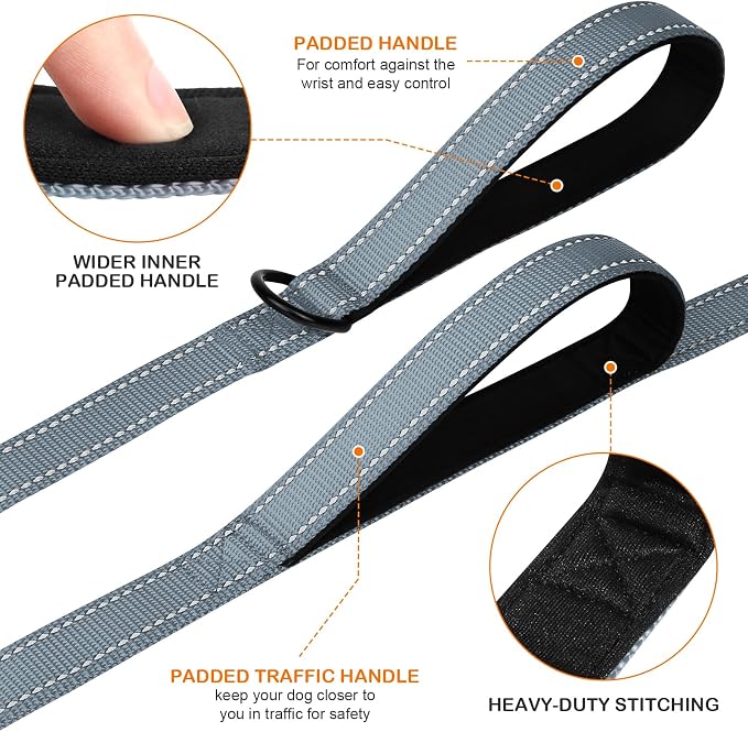 Joytale Dog Leash Heavy Duty for Large Dogs that Pull, Double Handle for Traffic Control, Double-Sided Reflective Leashes for Large Medium Dogs Night Safety, 4FT, Gray
