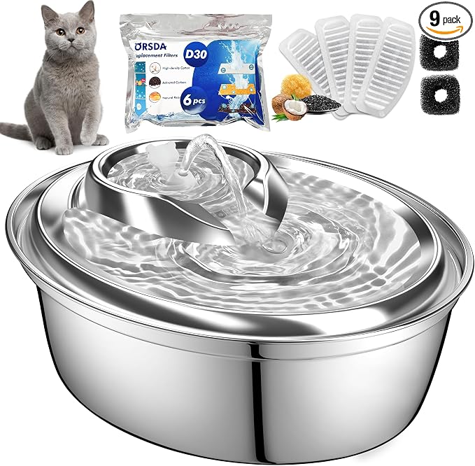 ORSDA Cat Water Fountain Stainless Steel, 2L Pet Fountain for Cats Inside, Dog Water Dispenser, Automatic Cat Drinking Fountains with 6 Replacement Filters for Cats, Small Dogs