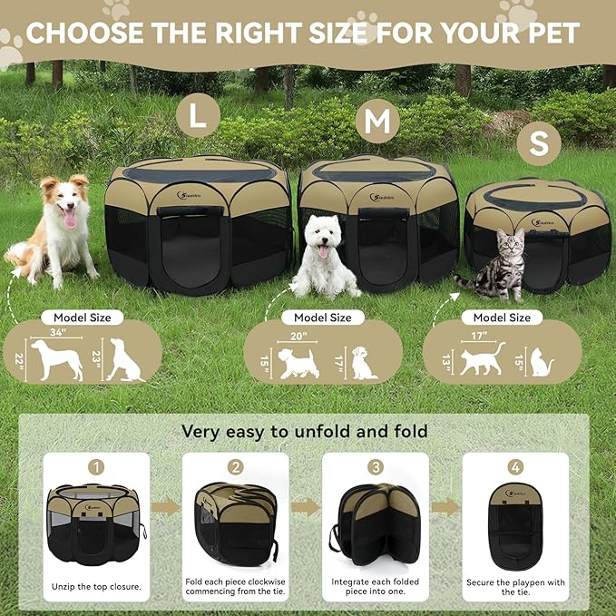 Pink Puppy Playpen for Middle Dog Cat, Dogs Tent Crate Cage Indoor/Outdoor, Portable Pop Up Dog Kennel with Carrying Bag for Rabbits, Removable Top (Black Khaki, Small)