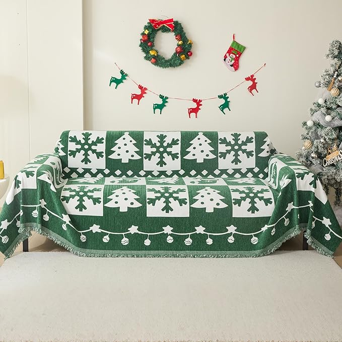 MEETSKY Christmas Couch Cover for Sectional Sofa, Chenille Loveseat Green Sofa Covers Washable for Pet Friendly Snowflake Christmas Tree Decorative Couch Covers, 71" x 102"