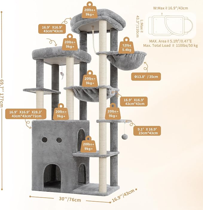 Heybly Cat Tree, 69.7 inches Secure Anti-Tip Cat Tower for Large Cats, Expansive Cat Furniture with Dual-Tier Cat Condo Villa, 2 Top Perches, Hammock & Full Sisal Scratching Posts, Light Gray HCT065W