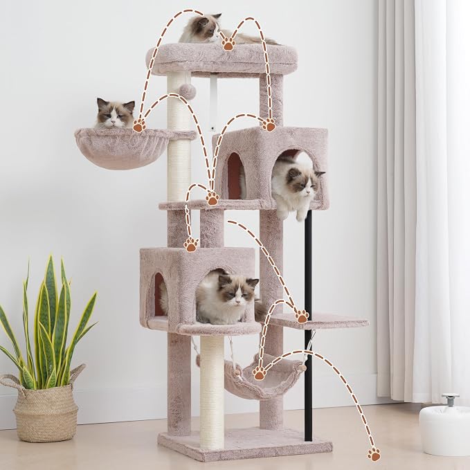 Gitelsnour 51.2'' Cat Tree Tower, Cat Tower with Scratching Post, Sturdy Steel Pube Cat Tree for Inoor Cats Large Adult, Cat Hammock and Basket, Padding Top Platform, Mushroom GCT014MU