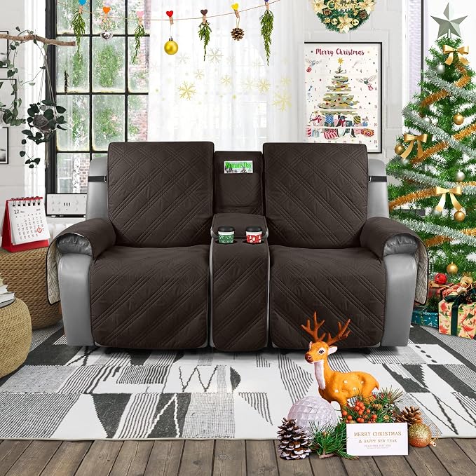 TAOCOCO Loveseat Recliner Cover with Center Console, 100% Waterproof Pet Cover for Dual Recliner with Straps Design, Split Reclining Loveseat Covers Furniture Pet&Kids Protector (2 Seater, Chocolate)