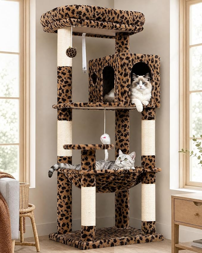 Globlazer Leopard Cat Tree Tower with Scratching Post for Indoor Cats, 53in Plush Multi-Level Cat Climbing Tower Condo House with Large Hammock, Spacious Cat Cave, Padded Top Perch, F53, Leopard Print