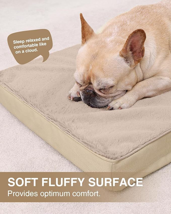KSIIA Orthopedic Dog Bed Crate Waterproof Pet Mats for Medium Dogs Deluxe Plush Washable Pet Bed with Egg Crate Foam & Removable Cover, 29 x 18 Inch, Khaki