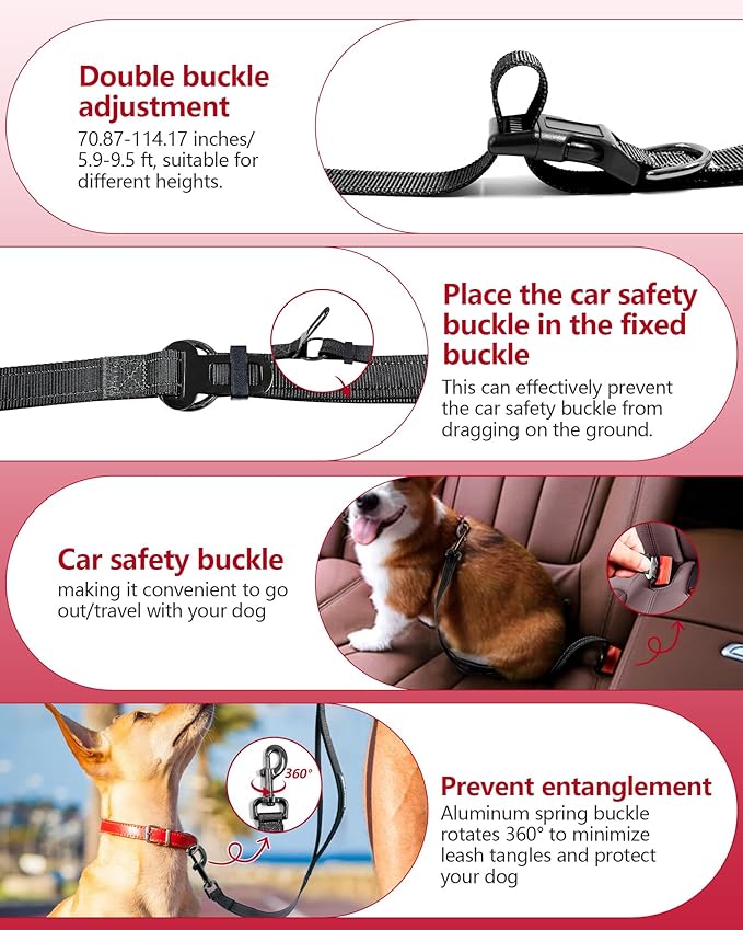 Hands Free Dog Leash, Multifunctional Crossbody Dog Leash, 5.9-9.5Ft Long Waist Belt with Car Safety Buckle and Double-Sided Reflective Stitches for Medium and Large Dogs.(Black)