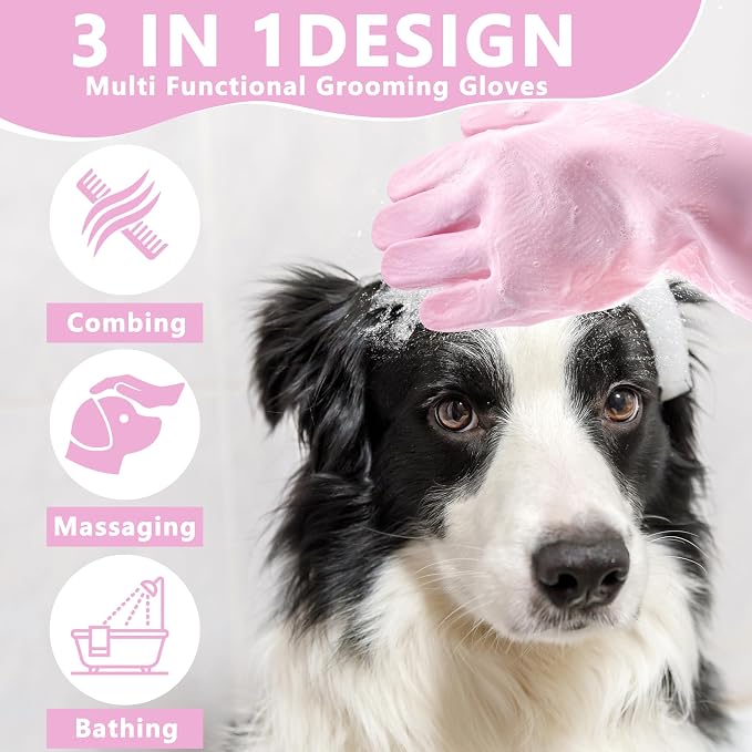Pet Grooming Gloves—Dog Washing Gloves with High-Density Teeth, Dog Bath Scrubber with Enhanced Five Finger Design, Silicone Gloves for Dogs and Cats Bathing, Massage (Pink)
