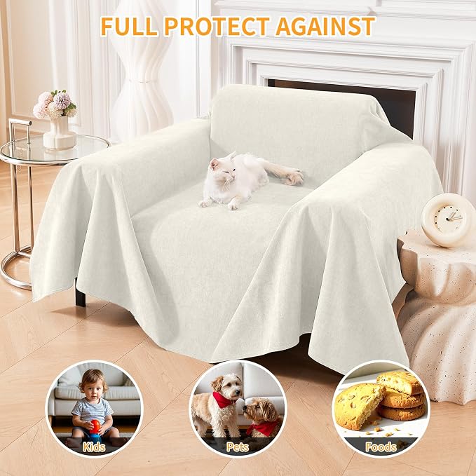 Deep Dream Cat-Scratch Resistant Armchair Couch Cover, Waterproof Sofa Cover for Dogs, Pet Friendly Couch Protectors Anti Slip Thickened Slipcovers for Dogs Pets, 71" x 91", White
