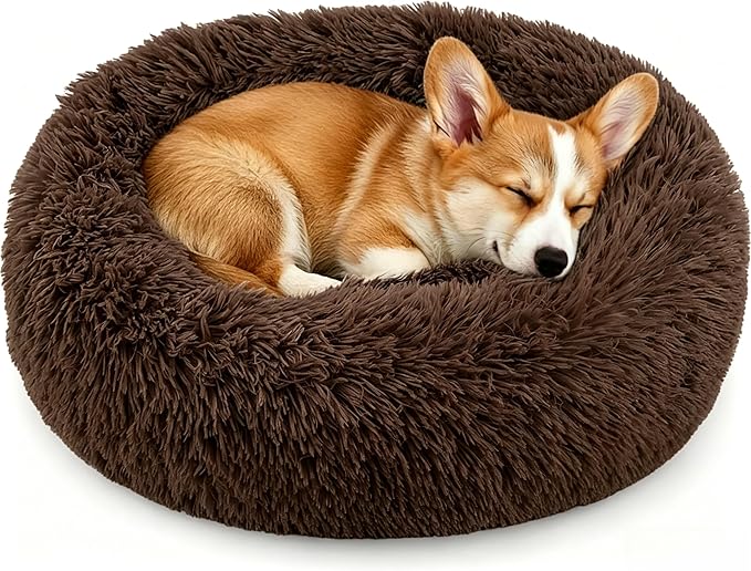 Calming Donuts Dog And Cat Bed, Anti-Anxiety Round Fluffy Soft Washable Small Medium Pet Bed For Puppy And Kitten, Cuddler Warming Comfortable Luxury Anti-Slip Waterproof Mute Base 24in Coffee