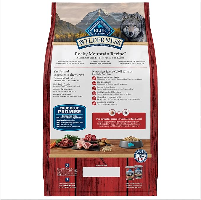 Blue Buffalo Wilderness Rocky Mountain Recipe Adult Dry Dog Food with Red Meat & Wholesome Grains, 34g Protein, Vibrant Energy for an Active Life, Made with Natural Ingredients, 4.5 lbs.