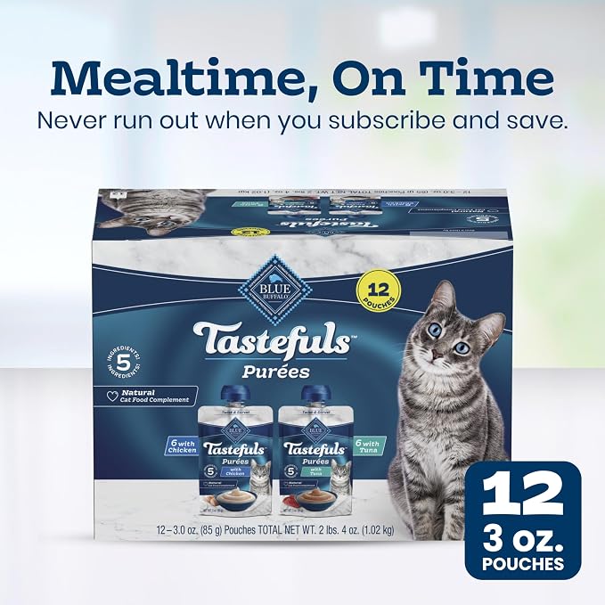 Blue Buffalo Tastefuls Purées Variety Pack Wet Cat Food Complement (Chicken & Tuna) Made with Natural Ingredients, for All Life Stages, 3-oz. Resealable Pouches (12 Count)
