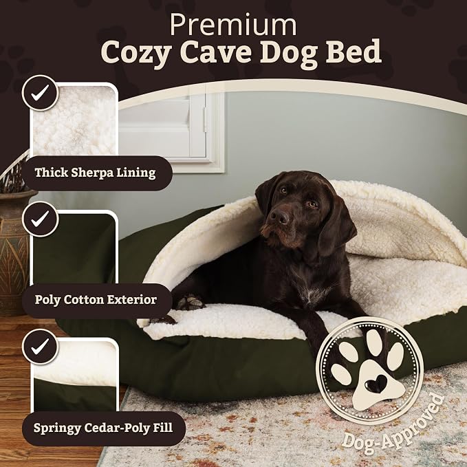 Snoozer Rectangle Cozy Cave Dog Bed - Indoor Dog Bed with Cover Cave, Covered Calming Burrow for Small & Medium Sized Pets with Blanket Attached, Enclosed, Washable Cover - Medium, Olive