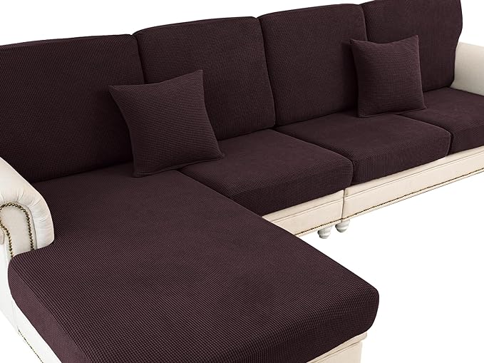 LA MEACK Couch Cushion Covers for Sectional Sofa L Shape Washable Separate Seat Chaise Couch Cover Stretch Sofa Slipcovers with 2 Pcs Pillowcases(3 Seater + 1 Chaise, Brown)