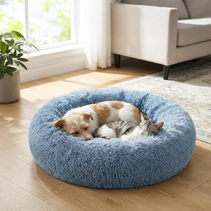 PetAmi Calming Dog Bed for Small & Medium Dogs, Cats & Puppy, Warming Round Donut Cuddler Bed, Anti-Anxiety Fluffy Shaggy Faux Fur Pet Bed, Machine Washable, Non-Slip Bottom, 30 Inch - Blue