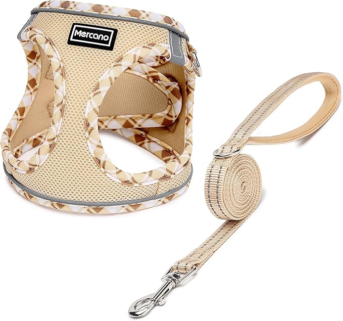 Mercano Soft Mesh Dog Harness and Leash Set, Step-in Reflective Breathable Lightweight Vest Harnesses with Safety Buckle for Small Dogs, Cats (Beige, XXS)