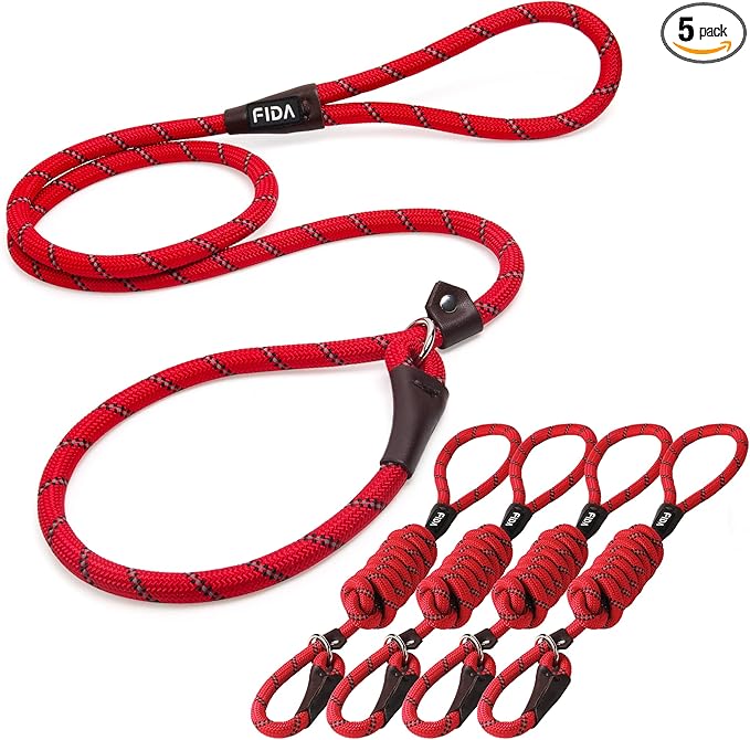 Fida Durable Slip Lead Bulk Pack of 5, Heavy Duty 1/2" x 6 FT Comfortable Strong Rope Slip Lead for Large, Medium & Small Dogs No Pulling Pet Training Leash with Highly Reflective Red