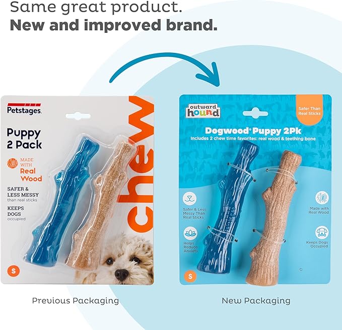 Outward Hound Puppy 2-Pack Dog Chew Toys – Real-Wood Blend Dogwood & Chewy TPE, Moderate Chewers, Small, 5.3"