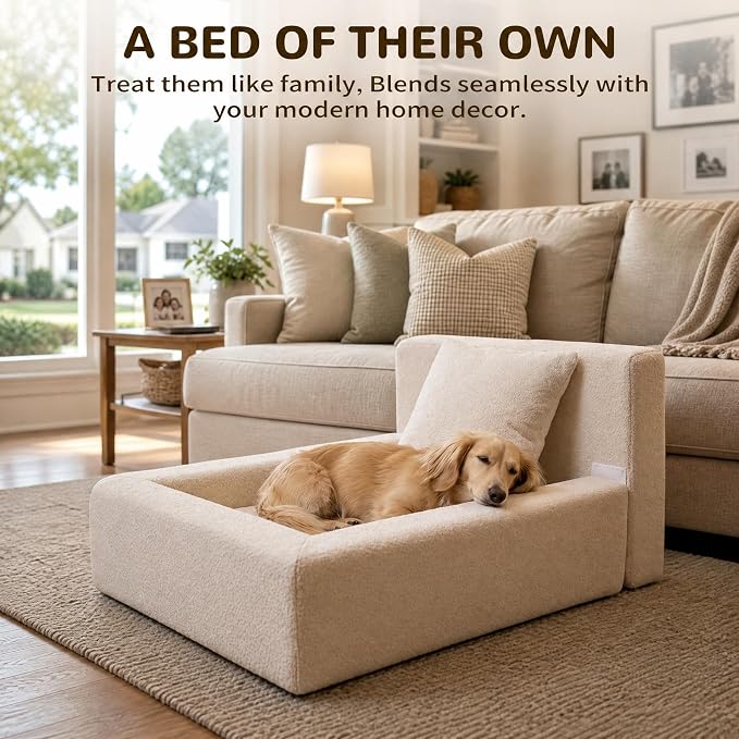 Boucle Dog Bed with Pillow, Furniture Style Dog Couch with Backrest, Washable Calming Pet Sofa Lounge for Small Medium Dogs, Beige