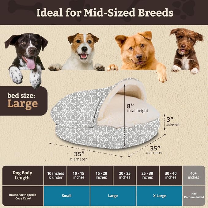 Snoozer Cozy Cave Dog Bed - Indoor Dog Bed with Cover Cave, Covered Calming Burrow for Small & Medium Sized Pets with Blanket Attached, Enclosed, Removable Washable Cover - Large, Ramey Gray