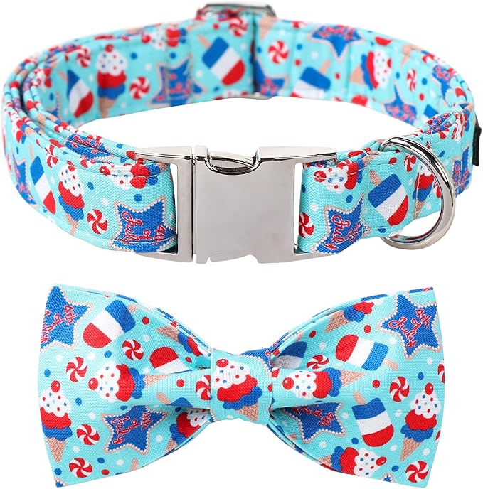 Maca Bates 4th of July American Flag Dog Collar with Bow Tie for Dogs Bowtie 4 of 7 Icecream Adjustable Durable Patriotic Collars USA Independence Day Gift for Small Medium Large XL Boy GirlPuppy