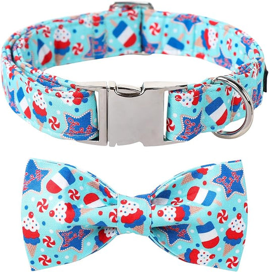 Maca Bates 4th of July American Flag Dog Collar with Bow Tie for Dogs Bowtie 4 of 7 Icecream Adjustable Durable Patriotic Collars USA Independence Day Gift for Small Medium Large XL Boy GirlPuppy