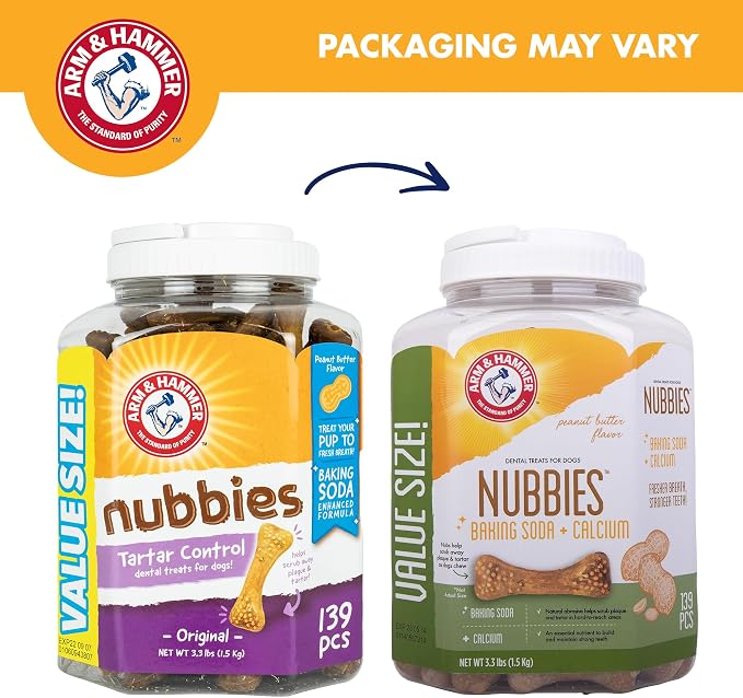 Arm & Hammer for Pets Nubbies Dental Treats Value Size Baking Soda Calcium Helps Scrub Plaque Tartar Peanut Butter Flavor Daily Oral Care 139 Count 52.8 OZ Value Bucket Dogs and Puppies Daily