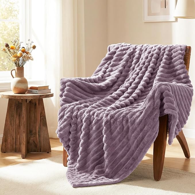HIMEET Fleece Dusty Purple Throw XL Blanket for Couch - 300GSM Ribbed Cozy Outdoor Blankets for Travel Camping Nap, Birthday Gifts for Women Men Him, Long Sofa Room Decor Office Throws, 50x70 Inches
