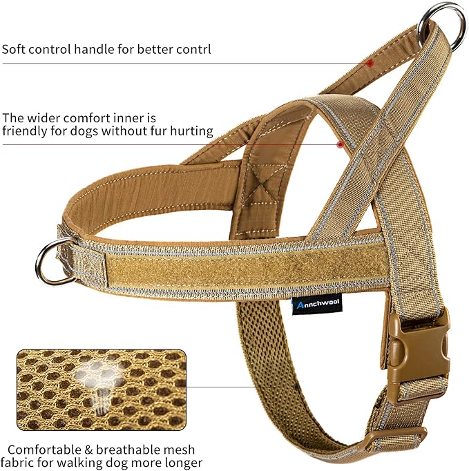 Annchwool No Pull Dog Harness with Padded Handle+5 Ft Leash,Reflective Strip Escape Proof and Quick Fit to Adjust Dog Harness,Easy for Training Walking for Small & Medium and Large Dogs(Brown-Set,L)