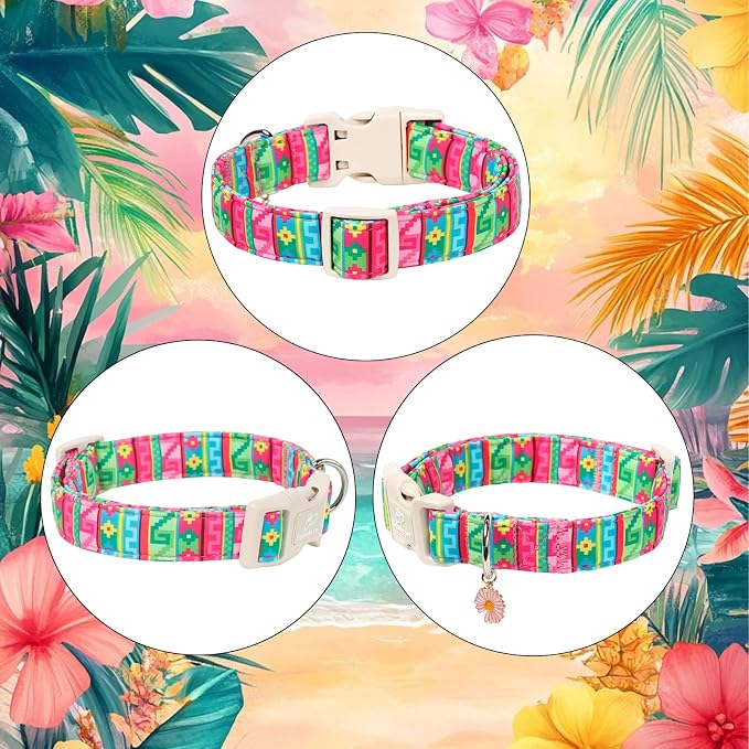 Summer Dog Collar Colorful Geometric Dog Collars for Medium Dogs - Lightweight Adjustable Mexican Boho Male Female Dogs Holiday Collar with Safety Buckle M