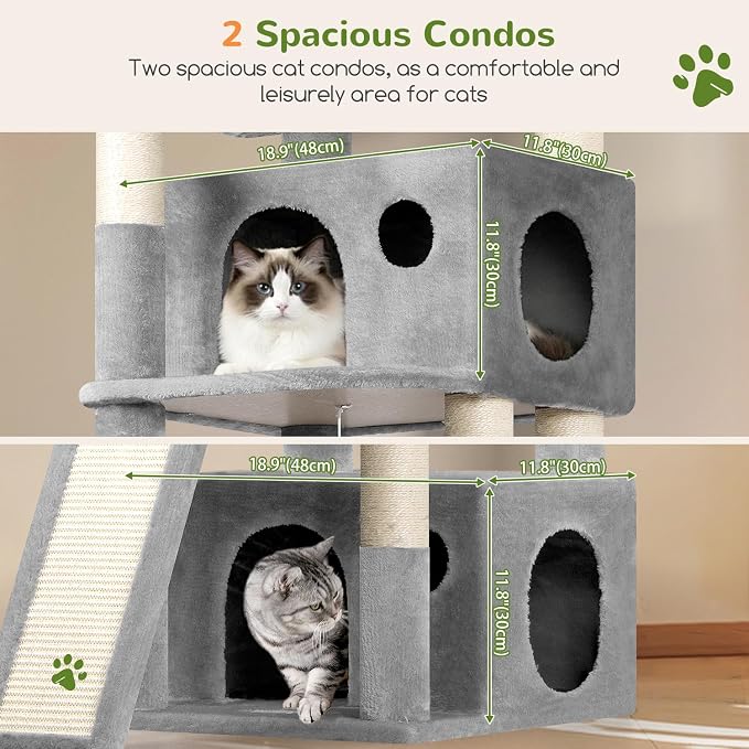 Globlazer Heavy Duty Cat Tree, 73inch Sturdy Cat Tower with Scratching Post for Indoor Multiple Cats, Maine Coon Cat Tree with Cat Perch, Basket, Cat Condo for Adult Cats Kittens, F73C, Light Grey