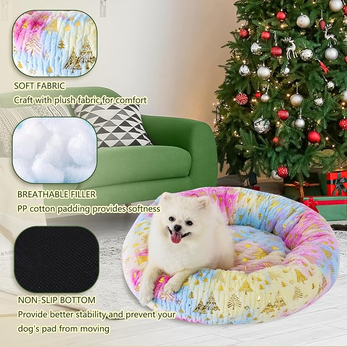 23 Inch Christmas Tree Calming Dog Bed for Small Dogs Cats, Kitty Puppy Round Anti-Anxiety Warm Bed, Soft Cozy Anti-Slip Donut Washable Pet Bed, Fits up to 30 lbs Pets