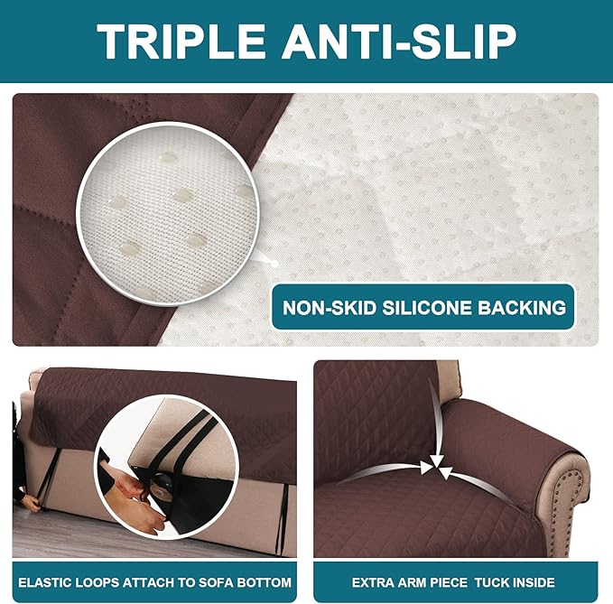 Turquoize 100% Waterproof Couch Cover Sofa Covers for 2 Cushion Couch Loveseat Covers Triple Non-Slip Couch Cover for Dogs Washable Furniture Protector Cover for Pets, Kids,Dog (Loveseat 54", Brown)
