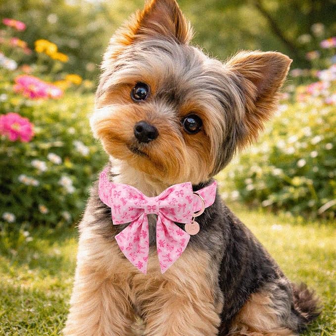 Pink Bow Dog Collar with Bowtie, Adjustable Cotton Puppy Collar with Charm and Metal Buckle, Bowtie Dog Collars for Small Medium Dogs