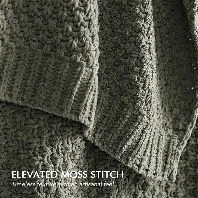 EVERGRACEHOME Chunky Polyester Knit Throw Blanket for Couch, Soft Luxurious Oversized King Moss Stitch Blanket for Bed, Large Cozy Farmhouse Knitted Throw for Sofa, Dried Thyme, 108" x 92"