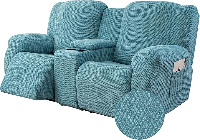 Genina Recliner Loveseat Covers with Console, Stretch Reclining Sofa Covers, 2 Seater Couch Cushion Stripe Jacquard Recliner Slipcovers - Furniture Protector Covers for Pet(Light Blue)