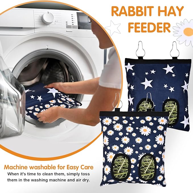 Upgraded Rabbits Hay Feeder Bag for Bunny, Guinea Pigs, Chinchillas - Hanging Washable 2-Hole Hay Dispenser with 600D Oxford Fabric, Small Animal Cage Accessories （Blue Star and Blue Daisy）