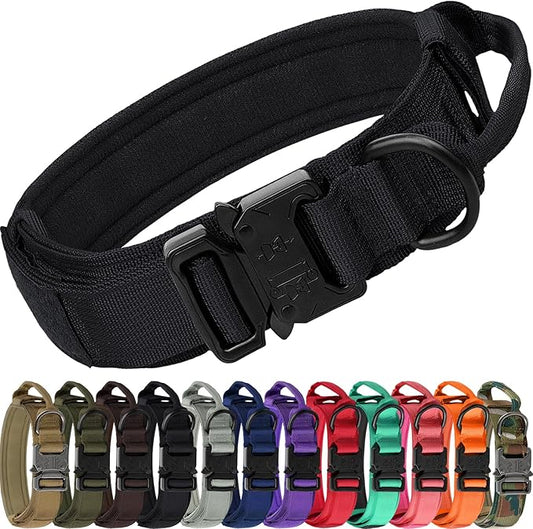 Joytale Tactical Dog Collar with Handle and Metal Buckle, Heavy Duty Padded Military Collar with 2 Patches for Training, Adjustable for XLarge Dogs, Black, XL