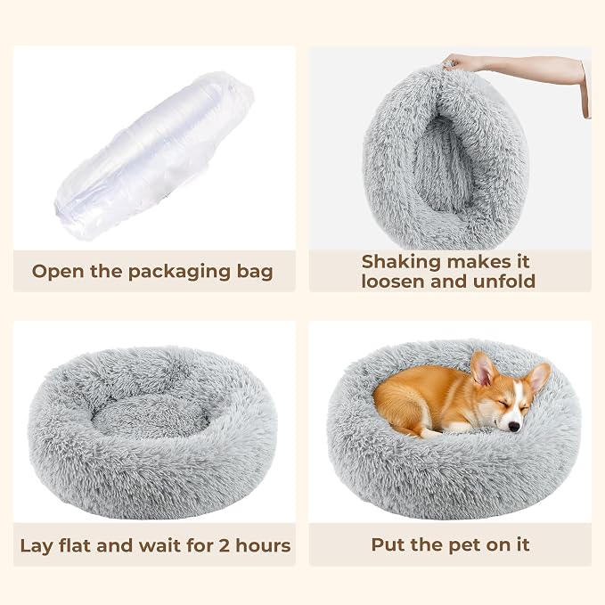 Calming Large Donut Dog and Cat Bed, Anti-Anxiety Round Soft Fluffy Plush Faux Fur Washable Anti-Slip Pet Bed for Medium Dogs Up to 35 lbs 28in Gray
