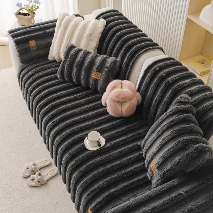 Fuzzy Rabbit Plush Sofa Cover Thick Soft Fur Sectional Couch Cover Furry Fluffy Cushion Cover Non-Slip Sofa Slipcovers Vertical Stripe Furniture Protector for Dogs Cats(Dark Grey,28"x82")