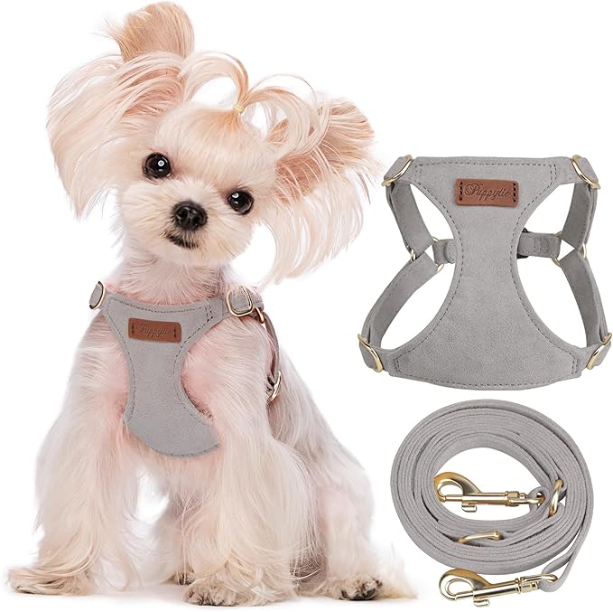 Puppytie XXS Puppy Harness with Multifunction Dog Leash,Soft Adjustable No Choke Escape Proof Pet Harness Vest,Silver Grey,XXS
