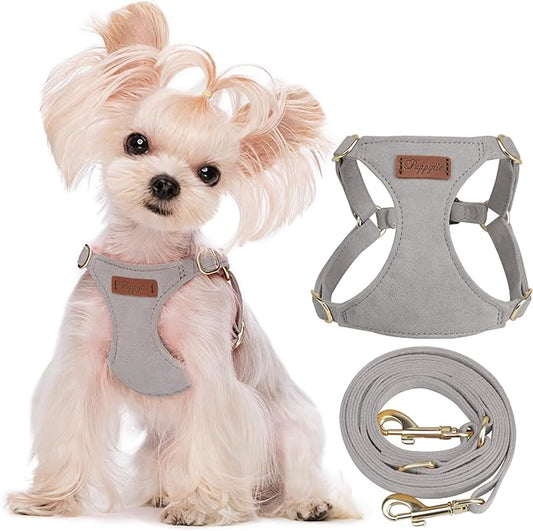 Puppytie XXS Puppy Harness with Multifunction Dog Leash,Soft Adjustable No Choke Escape Proof Pet Harness Vest,Silver Grey,XXS