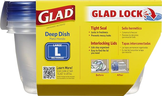 Glad GladWare Deep Dish Food Storage Containers Lids Large Rectangle BPA Free Meal Prep Microwave Dishwasher Safe Lock Tight Seal 64 OZ 3 Count 6 Pack
