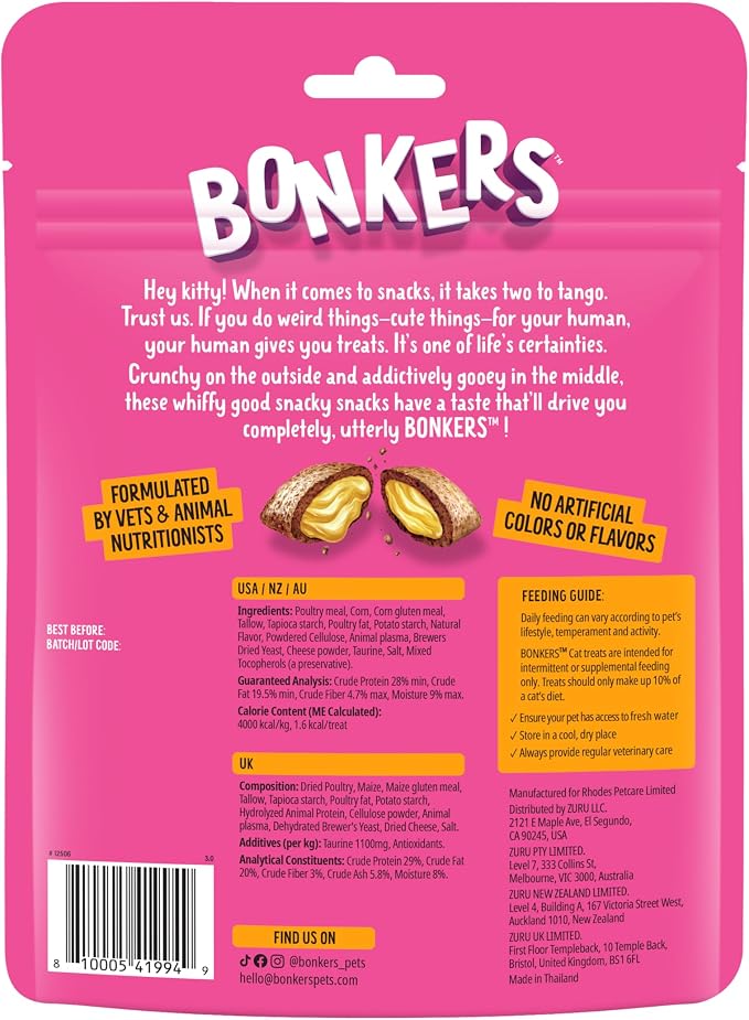 Bonkers Bites Paw Lickin' Chicken Flavor Crunchy & Soft Treats for Cats, 6.3oz Bag (Pack of 6)