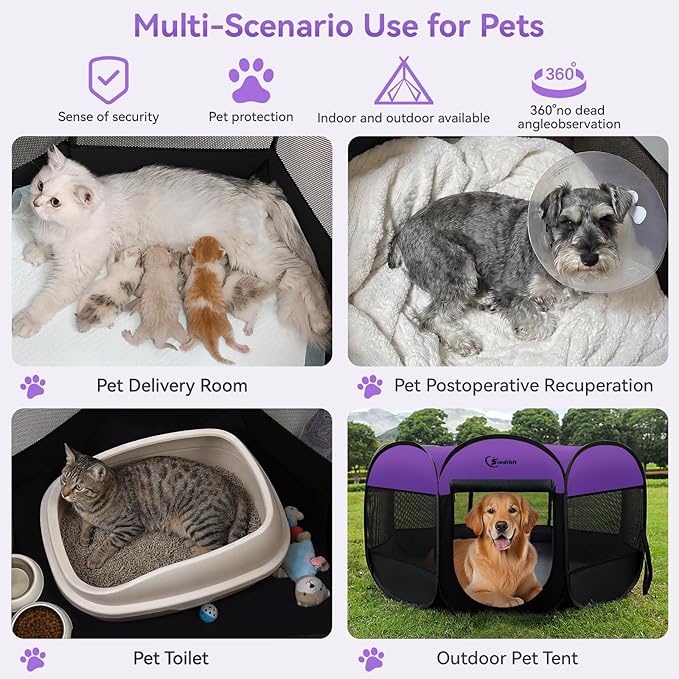 Siedihit Large Dog Playpen, Puppy Pet Playpen Indoor, Dogs Tent Crates Cage Indoor/Outdoor, Portable Pop Up Dog Kennel Playpen with Carrying Case for Dogs/Cats/Rabbits, Purple