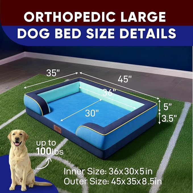 Comfort Expression Orthopedic Dog Bed for Extra Large Dogs 45x35 Inch, Waterproof Egg Crate Foam XL Pet Bed with Bolsters, Dog Couch with Washable Cover & Non-Slip Bottom, New Jersey
